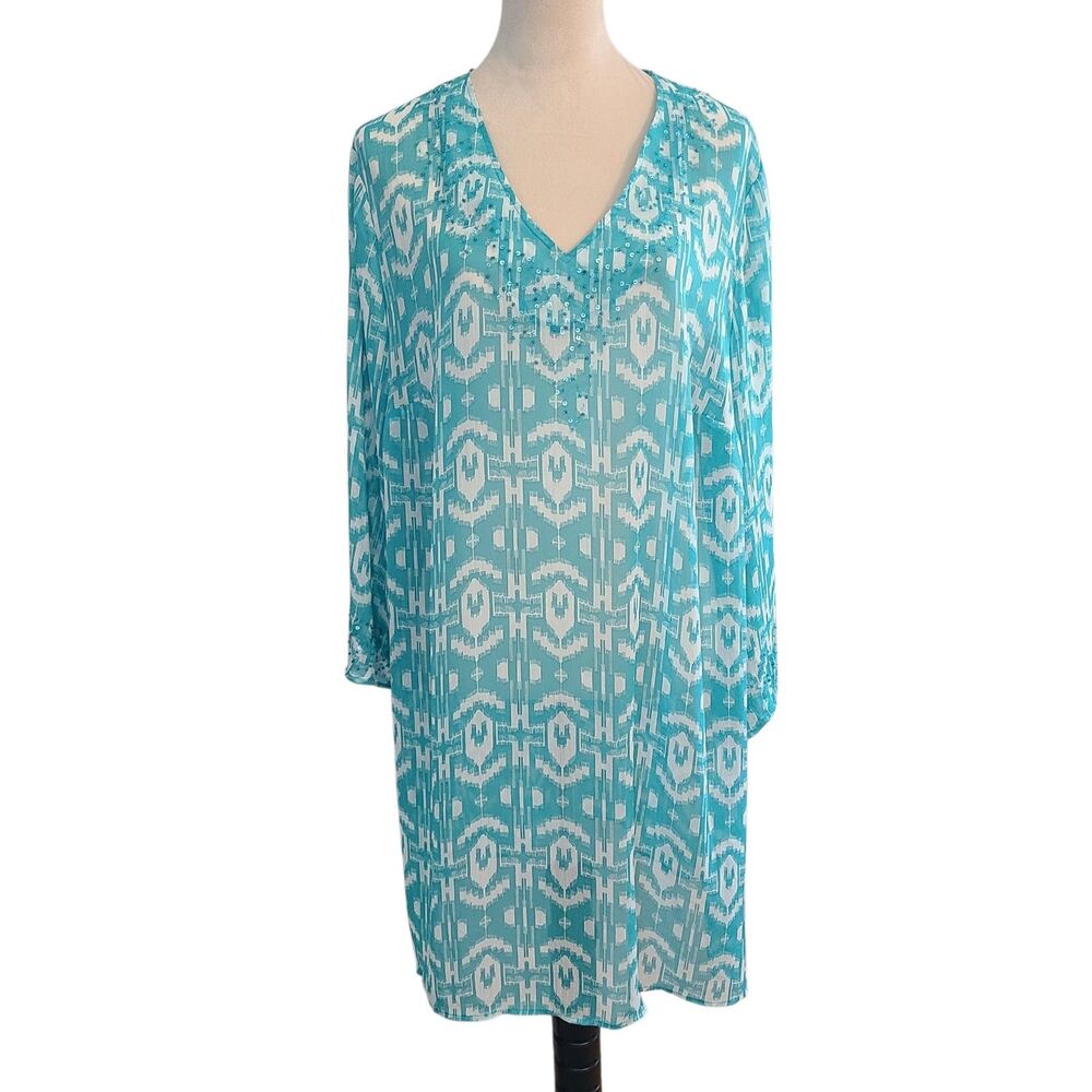 Susan Graver Sheer Tunic Top Cover Up 1X Blue White Geo Cruise Vacay Beach